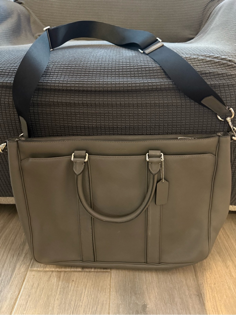 Coach Men's Taupe Leather Laptop Bag with Black Strap